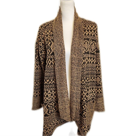 One World Live and Let Live tribal print tan & black open front cardigan, XXL - Picture 1 of 8